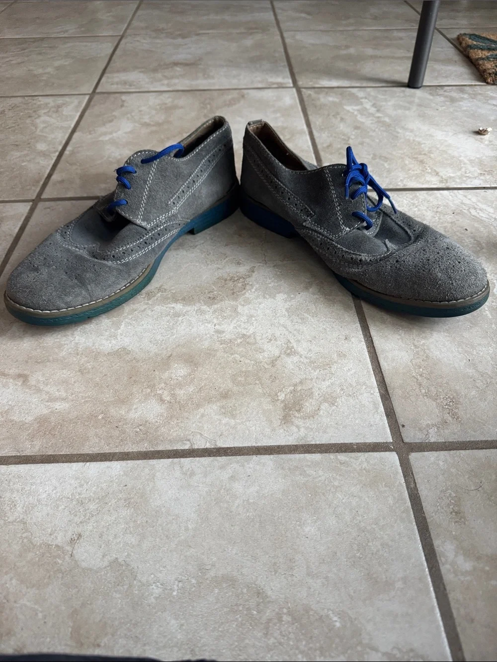 Men's Gray Suede Wingtip Oxfords with Blue Laces